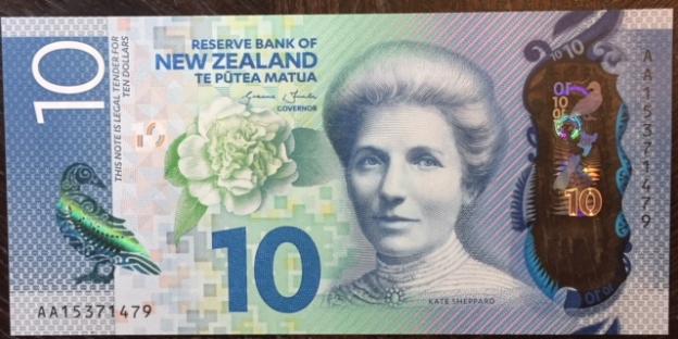 Banknoten  Neuseeland $10 Dollar 2016, Kate Sheppard, Vogelserie, Polymer, UNC