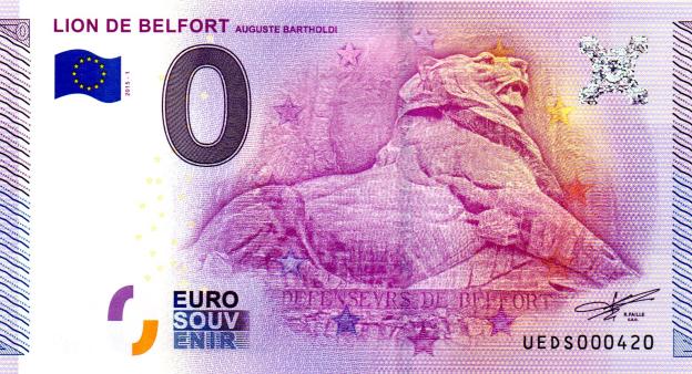 0 Euro Souvenirschein 2015 Frankreich UEDS - Lion de Belfort