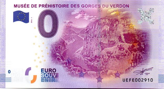 0 Euro Souvenirschein 2016 Frankreich UEFE - Musée de Préhistoire des Gorges du Verdon