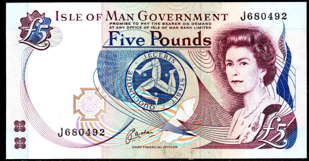 Banknote  Isle of Man,  $ 5 Livre, 1991, P-41,  UNC,  Königin Elizabeth II, Queen Elizabeth II