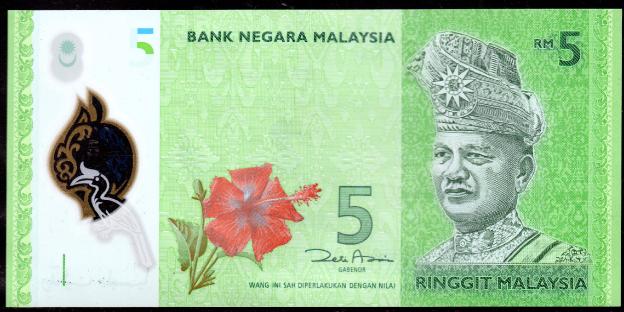 Banknoten  Malaysia $ 5 Rm, Ringgit, Rhinoceros Hornbill, Staatsvogel, Polymer, 2011, P-52,  UNC