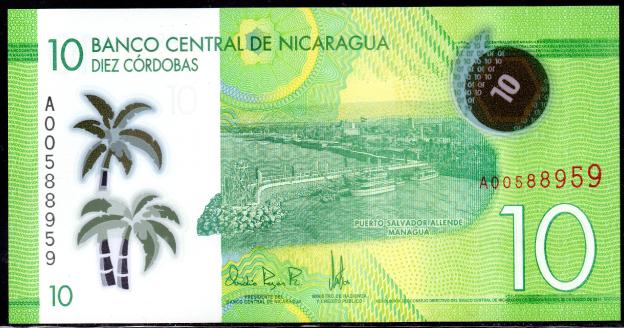 Banknoten   Nicaragua  $ 10 Cordobas,  2014,  P-209,  Polymer, UNC