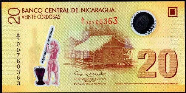 Banknoten   Nicaragua  $ 20 Cordobas,  2007,  P-202, Polymer, UNC