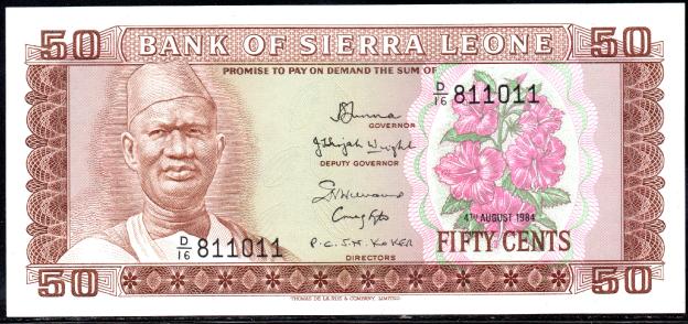 Banknoten  Sierra Leone  $ 50 Cents, Leones, 1974 Issue, P-34,  UNC