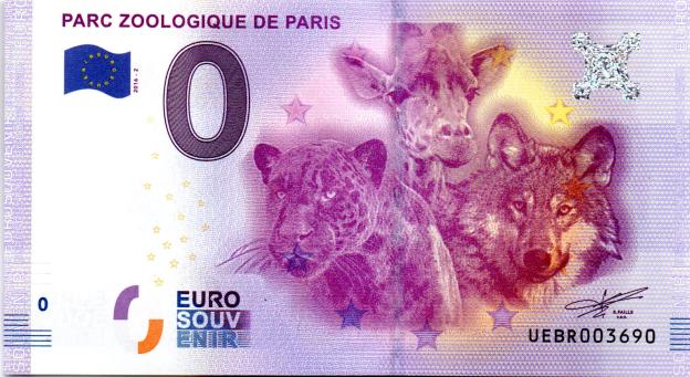 0 Euro Souvenir Note 2016 France UEBR - Parc Zoologique de Paris