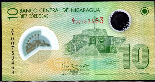 Banknote  Nicaragua  $10 Cordobas,  2007,  P-201, Polymer, UNC