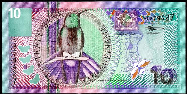 Banknote Suriname 10 Sr$, Florin, 2000, P-147,  Bird,  UNC