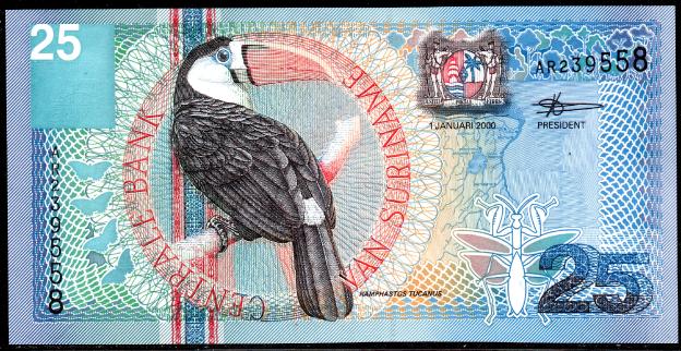 Banknote Suriname 25 Sr$, Florin, 2000, P-148,  Bird,  UNC