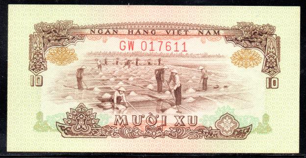Banknote Vietnam $ 10 Xu VND  1966, P-37, UNC,  Salt Production