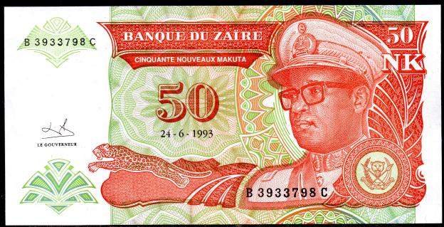 Banknote  Zaire  $ 50 Nouveaux Makuta, 1993, P-51,  UNC