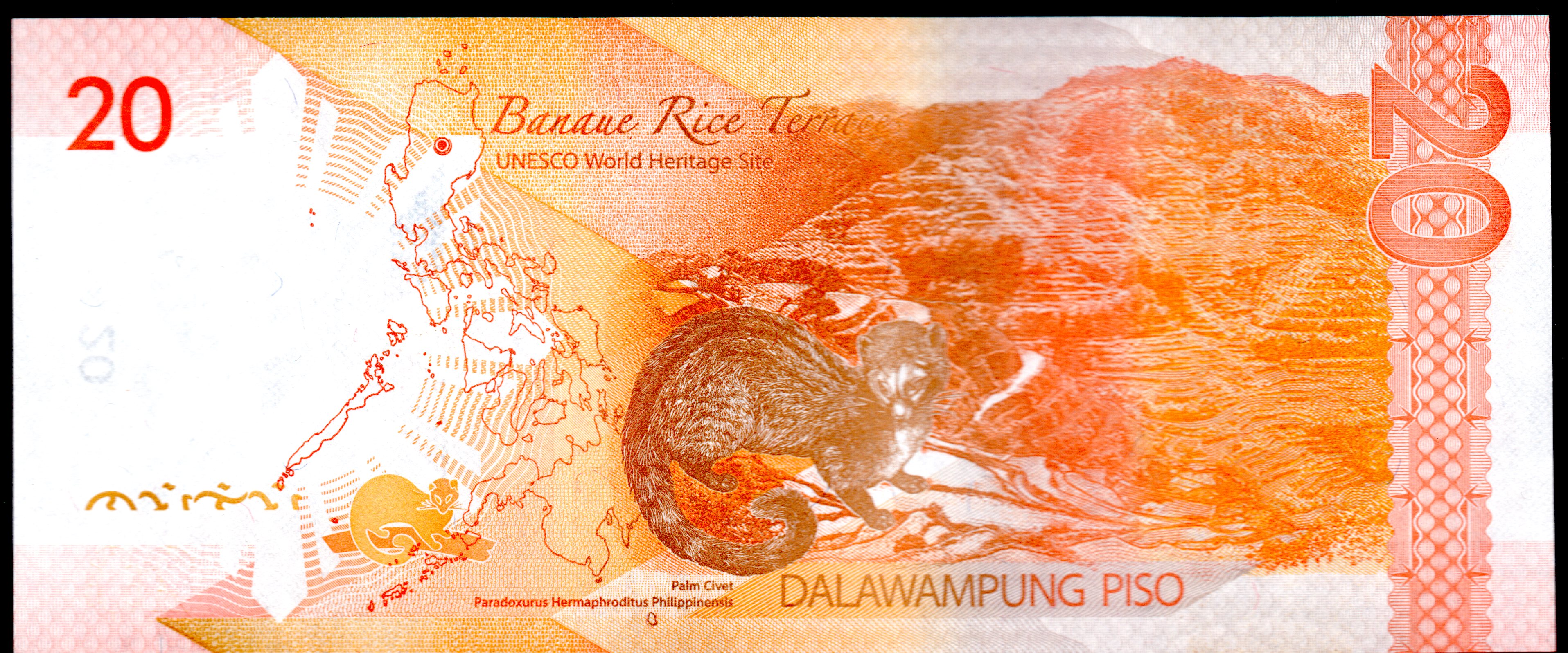 Billet Philippines  $ 20 Piso (PHP), 2010-2019 Issues, P-206, UNESCO / Animal,  UNC / NEUF