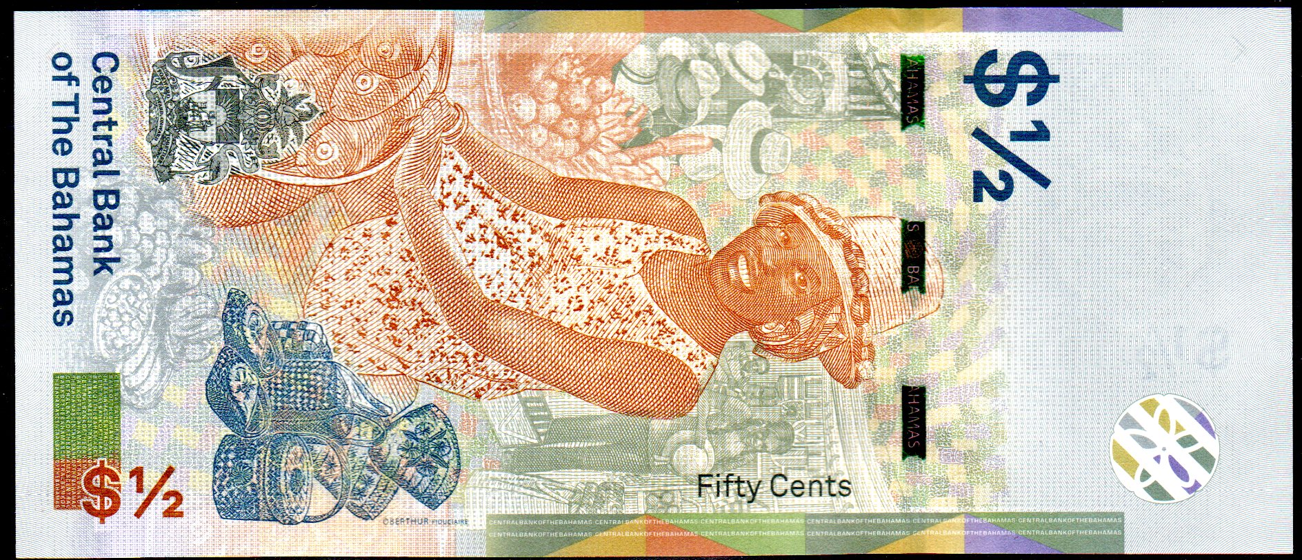 Banknote Bahamas $1/2 Dollar, 2019, Queen Elizabeth II, UNC