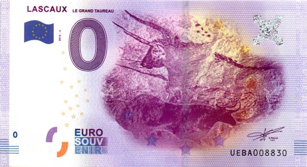 Billet Souvenir 0 Euro 2016 France UEBA - Lascaux Le Grand Taureau