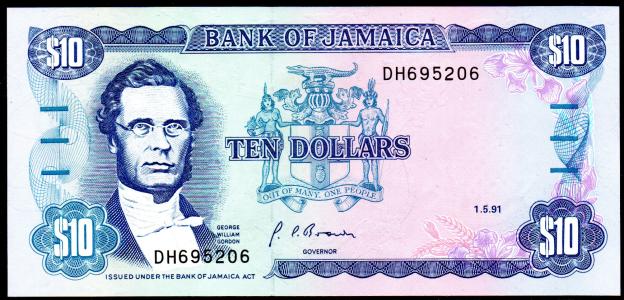 Billet Jamaïque, $ 10 Dollar, 1991, P-71,  UNC