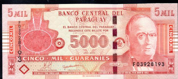 Billet Paraguay  Gs. 5000 Guaranies, 2010, P-223 UNC / NEUF