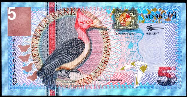 Billet Suriname  5 Sr$, Florin, 2000, P-146,  Oiseau, UNC / NEUF