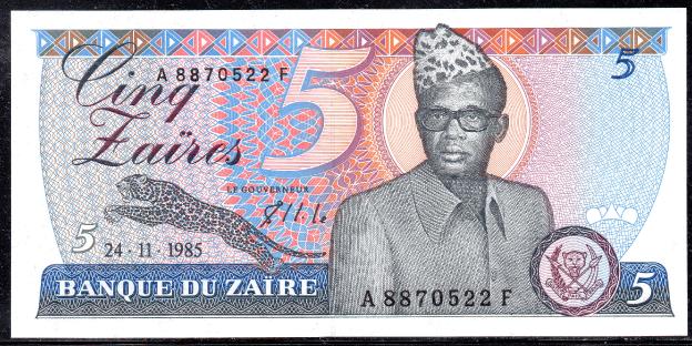 Billet  Zaire  $ 5  Zaire, 1985, P-26,  UNC / NEUF